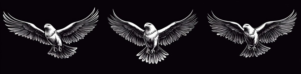 Fototapeta premium Against a plain background, four eagles in mid-flight showcase their detailed wing patterns and dynamic poses