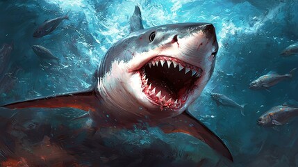 Obraz premium Great white shark charging through school of fish in ocean waters gigapixel scale underwater adventure