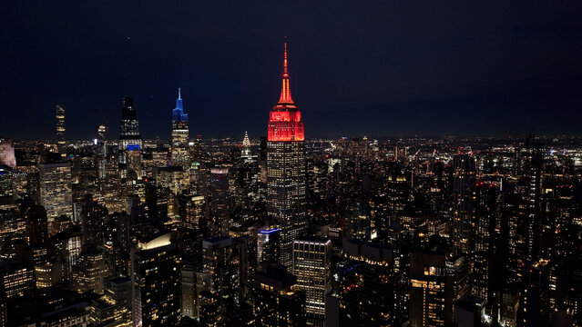 Night Skyline Of New York Skyline At Manhattan In New York United States. Night City Landscape. Financial District. New York Skyline At New York United States. Highrise Buildings Scenery. 
