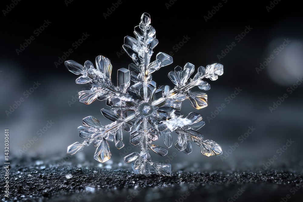 Poster close up macro shot of a single natural snowflake with intricate details showing a crystal clear str