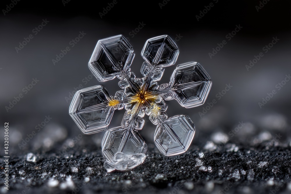 Poster detailed macro shot of a single snowflake on a dark textured background, revealing intricate crystal