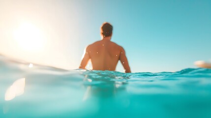 Man Swimming in a Turquoise Ocean at Sunset