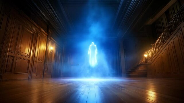 Glowing blue translucent figure materializing in vintage wooden hallway with dramatic lighting and misty atmosphere. Ethereal presence radiating supernatural energy.