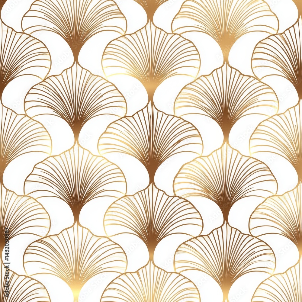 Poster stock features a seamless pattern with a golden fan shape and line art deco design set against a tra