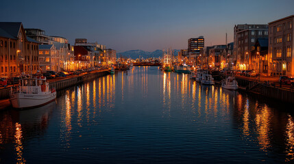 Fototapeta premium Illuminated buildings and boats are reflected in the calm water of a city canal at night, with distant snow-capped mountains under a dark blue sky.