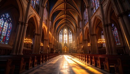 Fototapeta premium Ancient stone cathedral interior with dramatic light beams through stained glass and soaring gothic arches