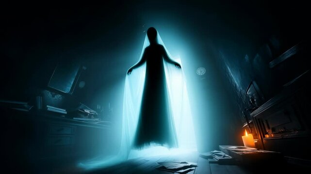 Glowing translucent figure emerging from doorway, surrounded by scattered papers and candles in dimly lit room with clock and shelves