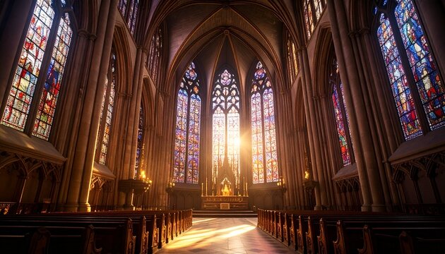 Ancient stone cathedral interior with dramatic light beams through stained glass and soaring gothic arches