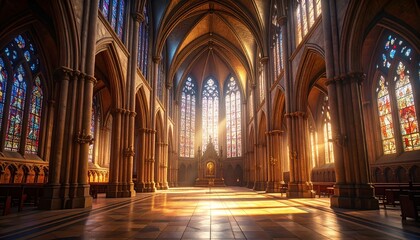 Obraz premium Ancient stone cathedral interior with dramatic light beams through stained glass and soaring gothic arches