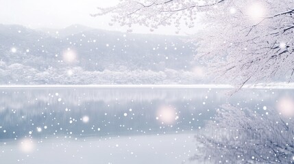 Winter wonderland landscape with snow-dusted trees and lake reflection.