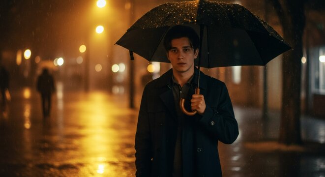 A young man walks alone under an umbrella on a rainy city street at night, with streetlights.