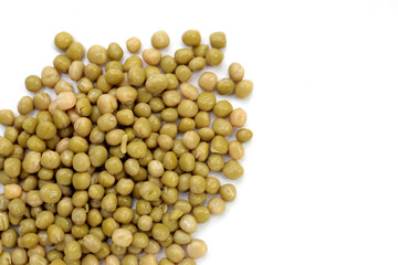 Canned green peas on white background.