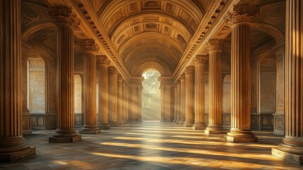 Majestic ancient hall with grand columns and soft sunlight streaming through