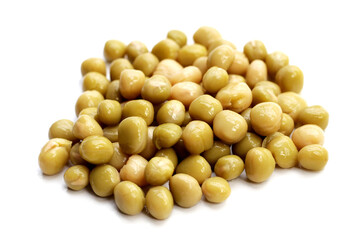 Canned green peas on white background.