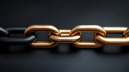 Obraz premium A single shiny golden link connects two long black chain segments, symbolizing strength, unity, breakthrough leadership, and the power of one connection to bind and empower the whole system.