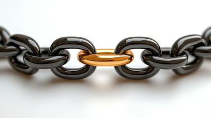A single shiny golden link connects two long black chain segments, symbolizing strength, unity, breakthrough leadership, and the power of one connection to bind and empower the whole system.

