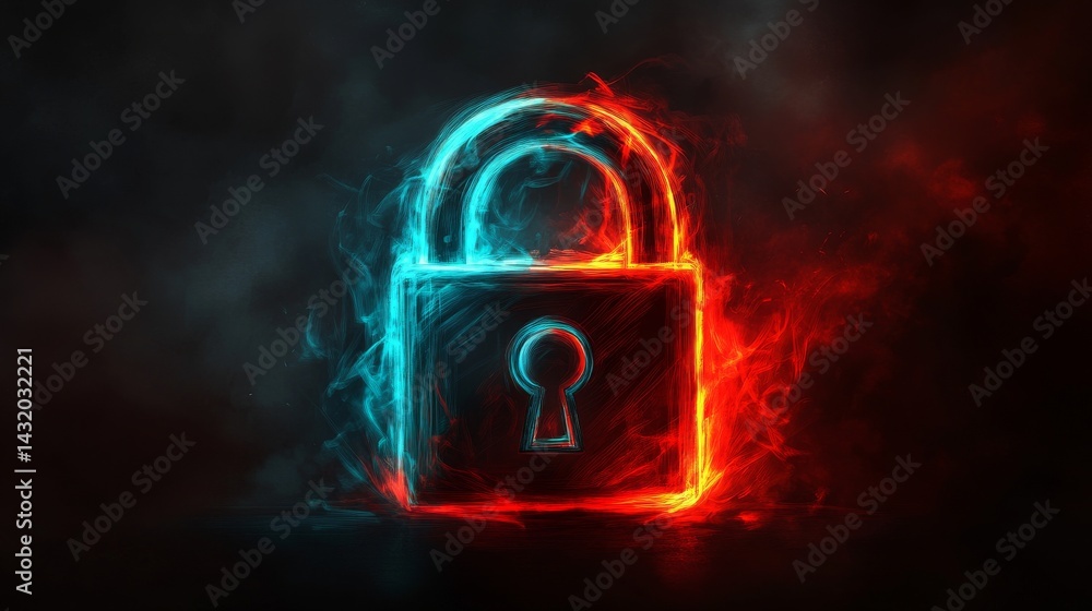 Poster the concept of cybersecurity is symbolized by a digital padlock featuring glowing edges, available a
