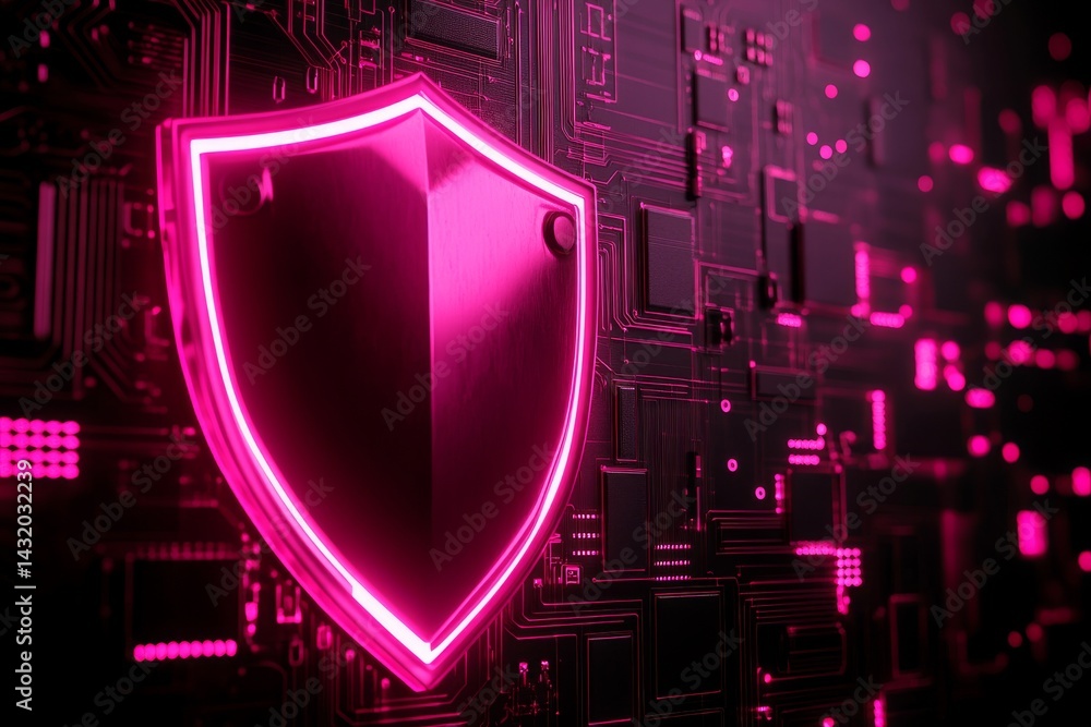 Poster a luminous shield is positioned atop a red and blue electronic circuit board, creating an image that