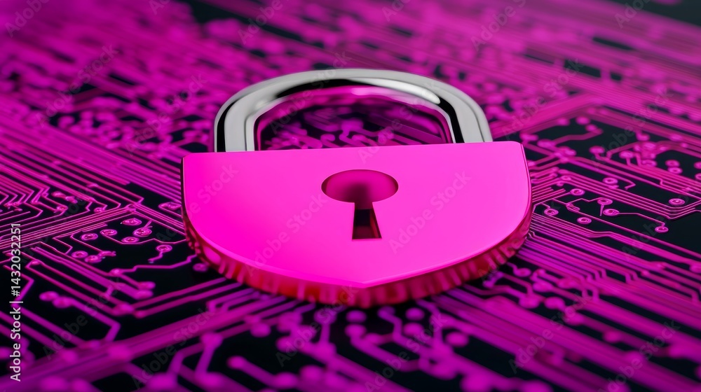 Poster cybersecurity and data protection are symbolized by the fusion of a computer motherboard and a padlo