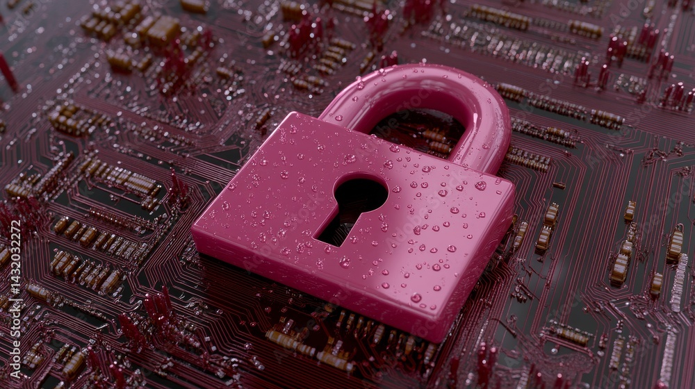 Poster the fusion of a computer motherboard and a padlock, set on a technologically advanced background, se