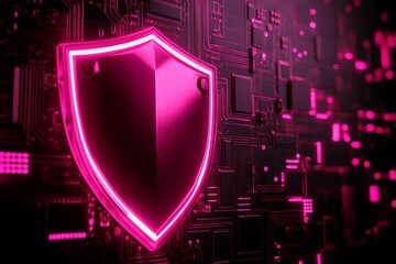 Fototapeta premium A luminous shield is positioned atop a red and blue electronic circuit board, creating an image that embodies a futuristic and technological ambiance, representative of a cutting-edge cybersecurity