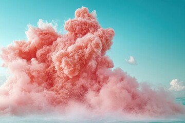 Colorful pink smoke billowing over calm ocean waters at midday