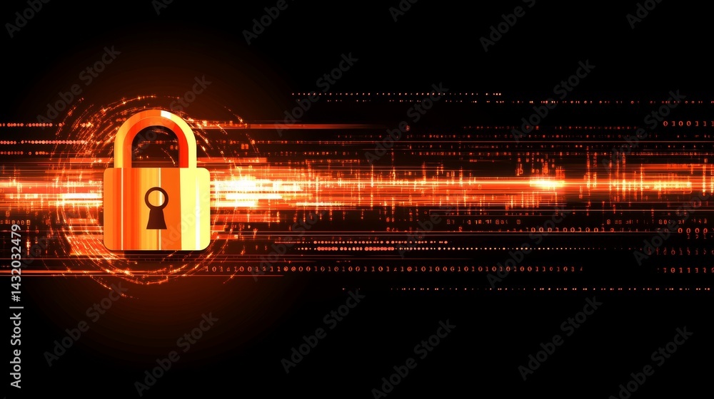 Poster in a minimalist style, binary code encircling a glowing padlock icon represents safe and secure inte