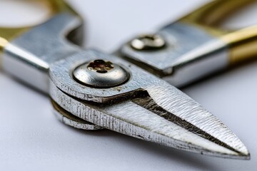 A macro shot showcasing the intricate details of a well-used pair of metal shears, highlighting their sharp blades and sturdy construction, set against a pristine white background.