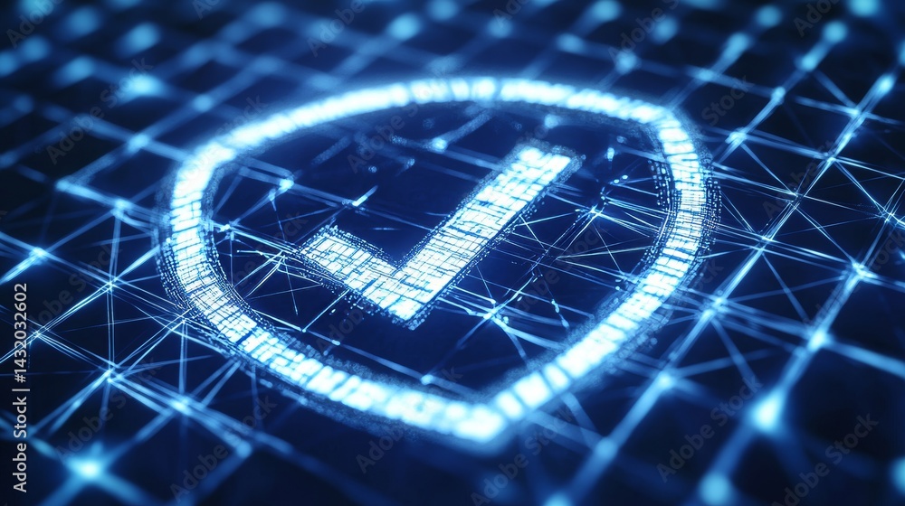 Poster a secure cybersecurity symbol is represented by the image of a dark blue wireframe shield containing