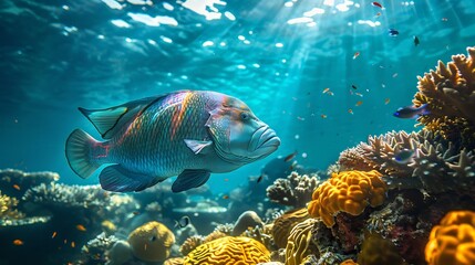 Fototapeta premium Massive humphead wrasse swimming through a coral reef its iridescent blue and green scales glowing under the sunlight ultra HD wildlife photography