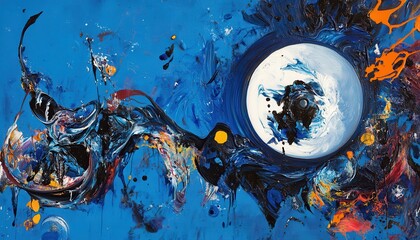 Obraz premium Abstract painting of swirling colors on a deep blue canvas, featuring a central circle and dynamic brushstrokes