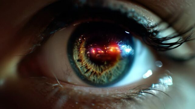 Terrified human eye reflecting flashing police or ambulance lights in dark close-up