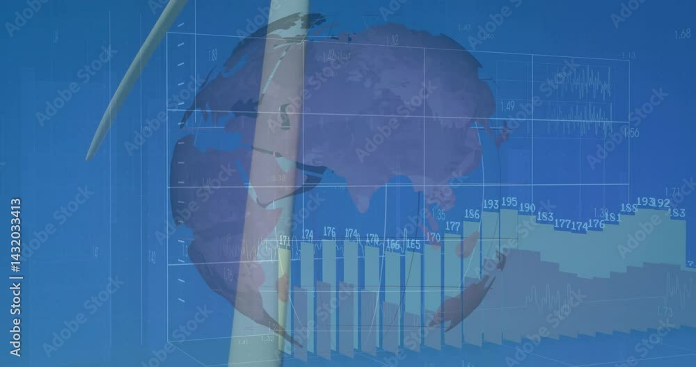 Aufkleber data visualization presenting wind turbine, globe, 3d charts and line graphs in digital panel