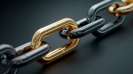 Obraz premium A single shiny golden link connects two long black chain segments, symbolizing strength, unity, breakthrough leadership, and the power of one connection to bind and empower the whole system.