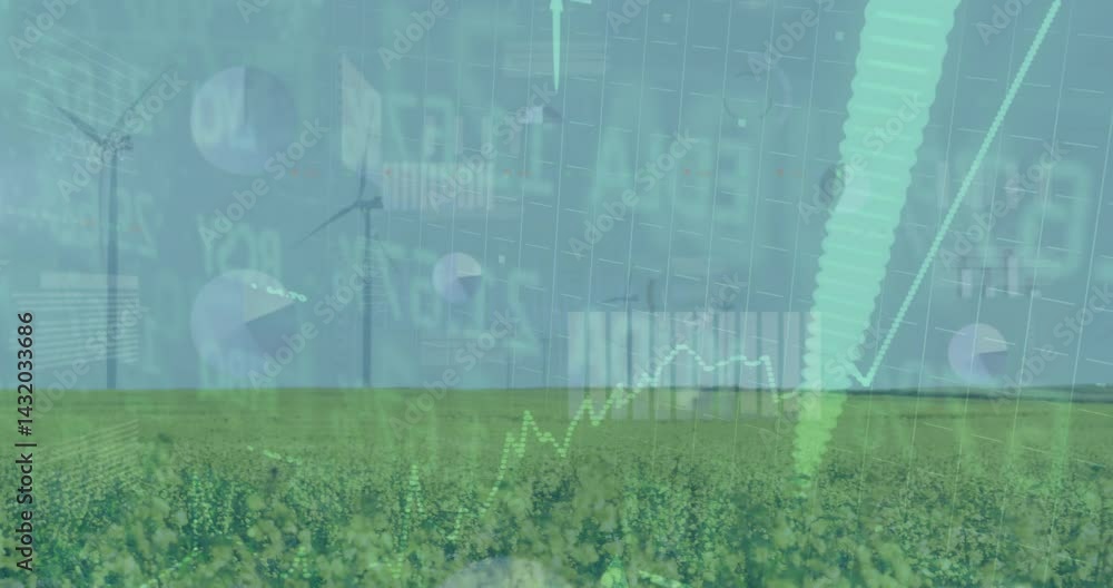 Poster two wind turbines spinning across canola field showing floating analytics charts, arrows overlaying