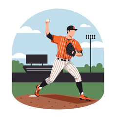 Dynamic flat vector artwork showcasing a baseball player during a game at the stadium. This clean and modern illustration captures the energy and action of baseball