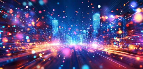 Fototapeta premium An exquisitely detailed three-dimensional depiction of a highway converging with a digitally generated landscape, featuring luminous digital motifs and state-of-the-art lighting