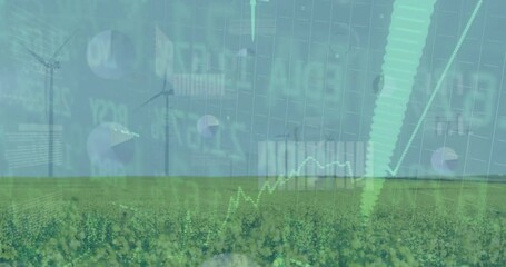 Two wind turbines spinning across canola field showing floating analytics charts, arrows overlaying - Powered by Adobe