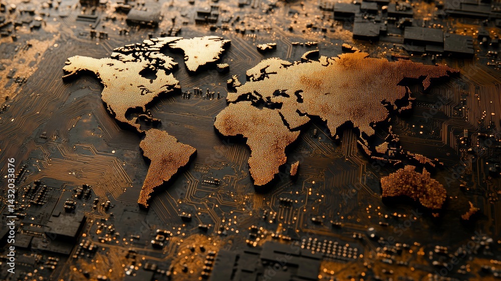 Poster the global electronics market and world trade are represented by a map of the world created from com