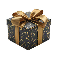 Isolated black and gold luxury gift box with shiny gold ribbon perfect for upscale gifting projects