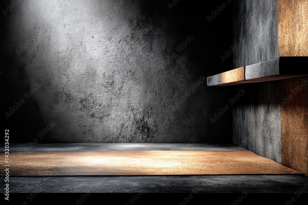 Poster an abstract dark room interior with textured wall and floor with shelf, creating a mysterious and mo