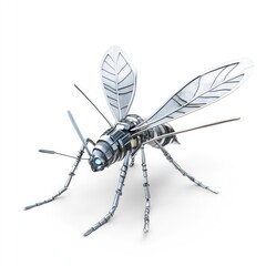 Fototapeta premium Metallic, robotic mosquito design against a plain white background.
