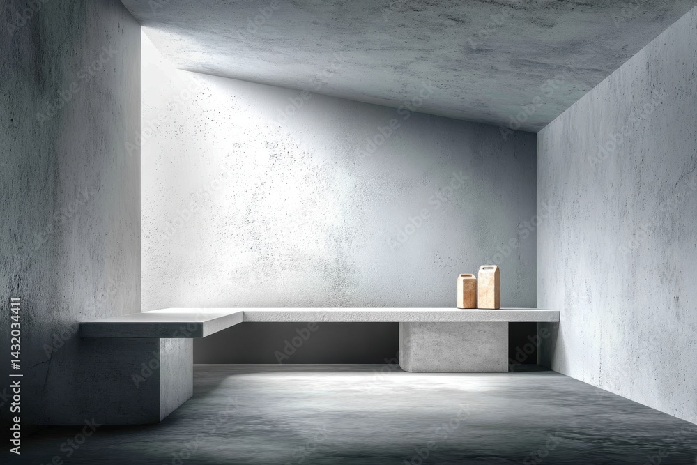 Poster a modern concrete interior featuring minimalist architecture with subtle lighting and geometric desi