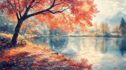 Vibrant autumnal scene by a serene lake.