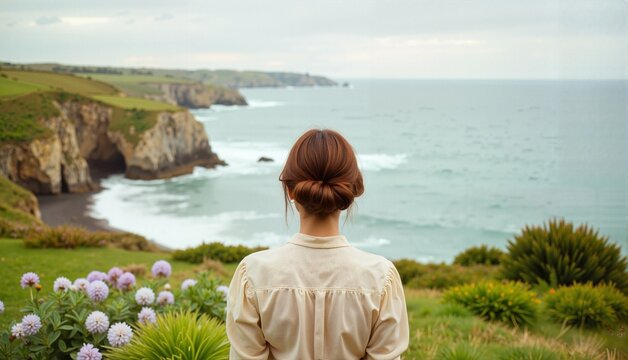 Woman gazing thoughtfully at the tranquil ocean landscape surrounded by lush greenery and vibrant flowers, serene concept of travel agency or wellness retreat