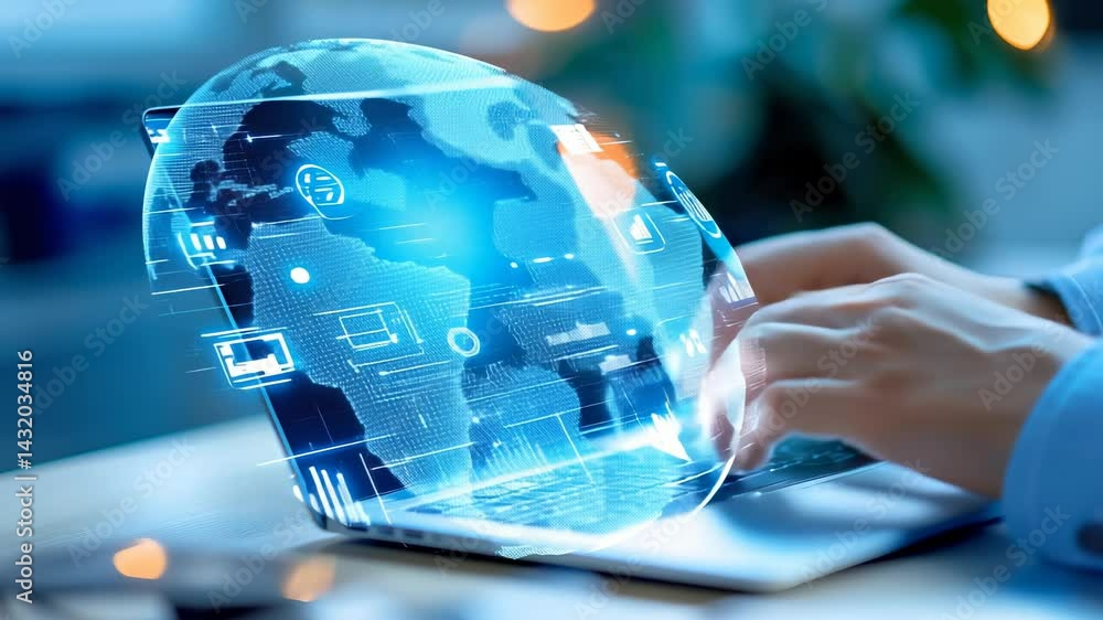 Aufkleber hands typing on laptop with holographic global technology dashboard displaying analytics, charts, an