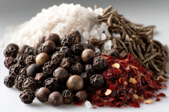 Close-up studio shot of different types of spices, salt, black pepper corns, cumin, red pepper flakes, arranged on a white surface, macro photography, detail focus.