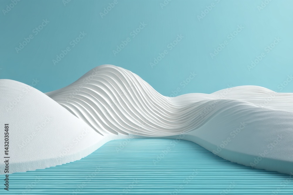 Aufkleber a minimalist abstract landscape with smooth white hills and a blue grooved platform, creating a sere