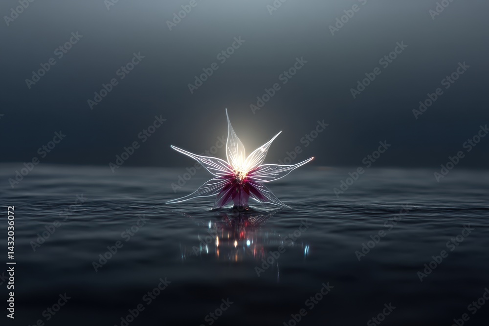Poster an ethereal, translucent flower floating on the surface of the water with a glowing center, creating