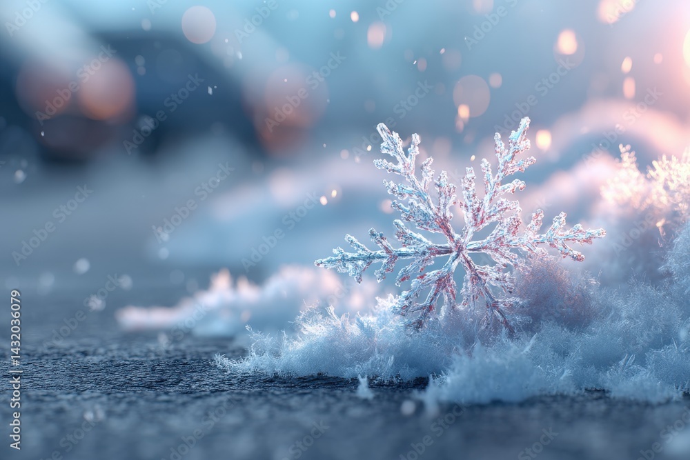 Poster an intricate macro shot showcasing a single, glistening snowflake resting gently on fresh snow, with